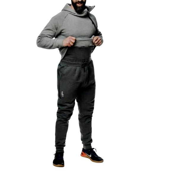 Tuxy One Piece Sweatsuit Jumpsuit L Men Gray Top Black Bottom Hooded Zip Fly NEW - Picture 1 of 13